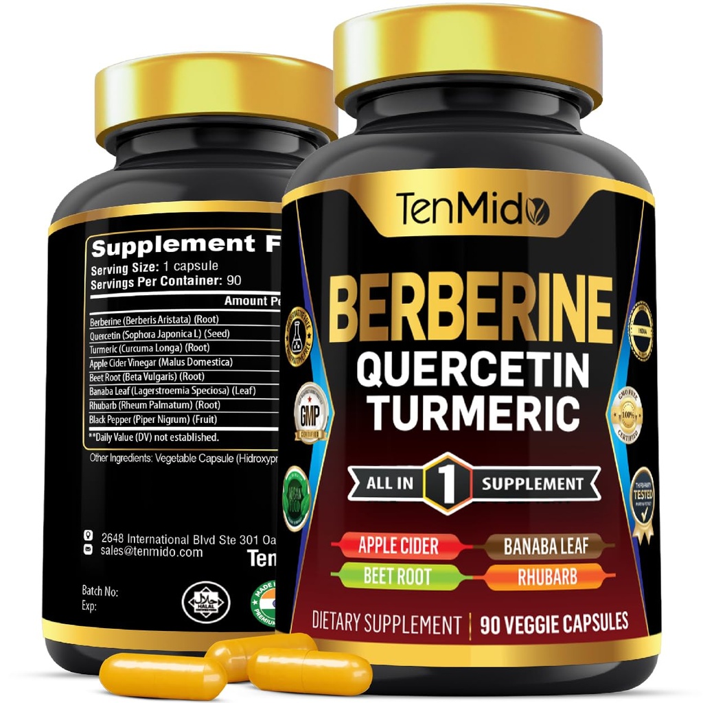 Suplemento de bereberina para hombres y mujeres, 8in1 Fórmula con quercetina, Turmérica, vinagre de manzana, hoja de remolacha &amp; Más - Digestivo, soporte para inmunes - Rich in Nutrient - 90 cápsulas