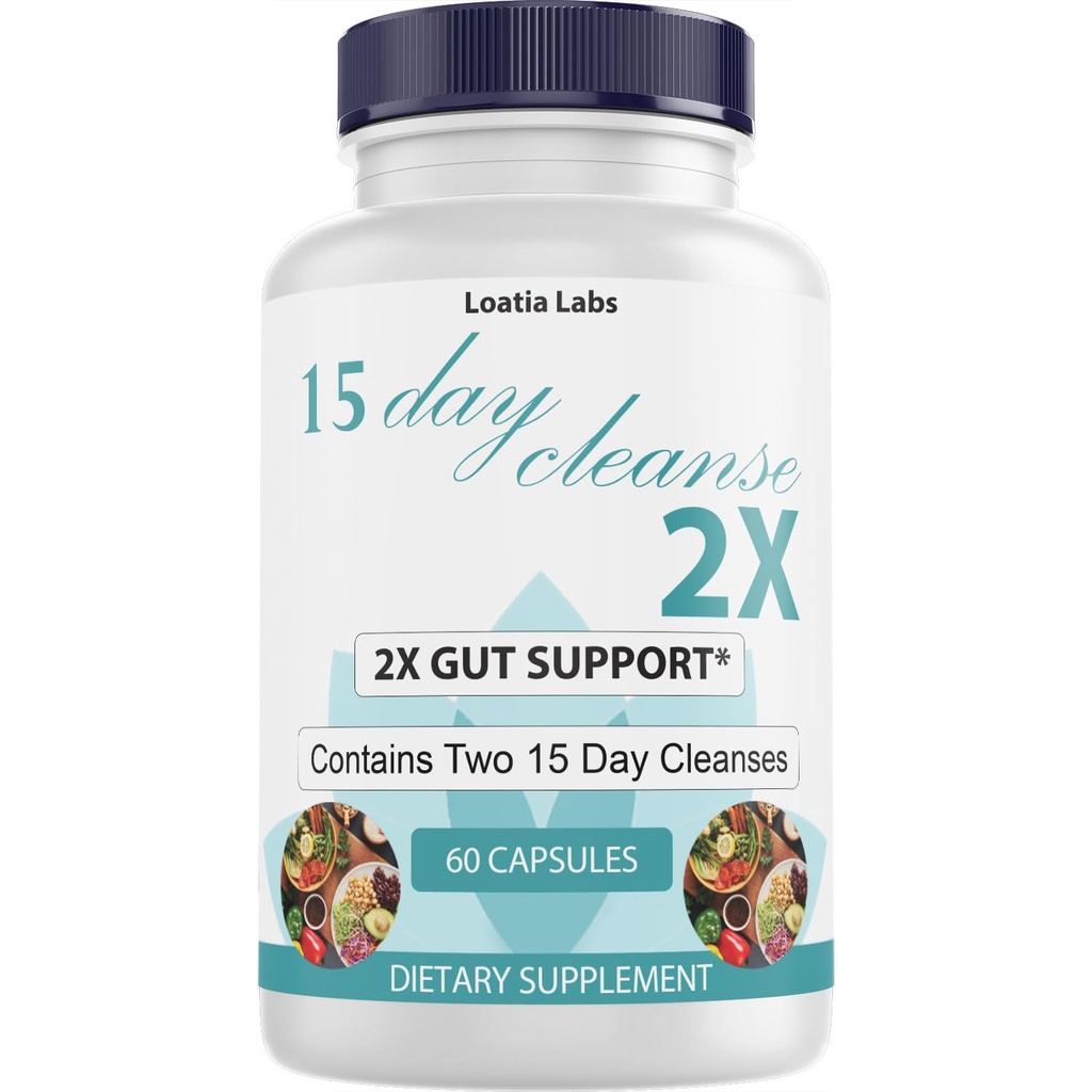 15 Day Cleanse 2X - Double Gut & Colon Support - Advanced Gut Cleanse Detox for Women &amp; Men with Alfalfa, Cascara Sagrada, Probiotics " Psyllium Husk - Non-GMO - Made in USA - 60 cápsulas (1 botella)