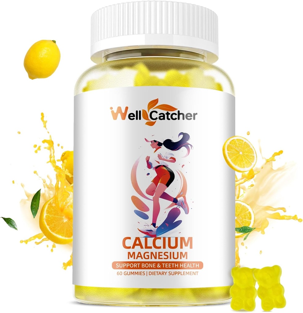 Calcium Magnesium Gummies Adults Kids - Sugar Free Chewable Vegan Algae Calcium Supplements for Women Men Support Plus Bone Strength with Zinc Potassium Vitamin D3 K2 Lemon Flavor 60CT