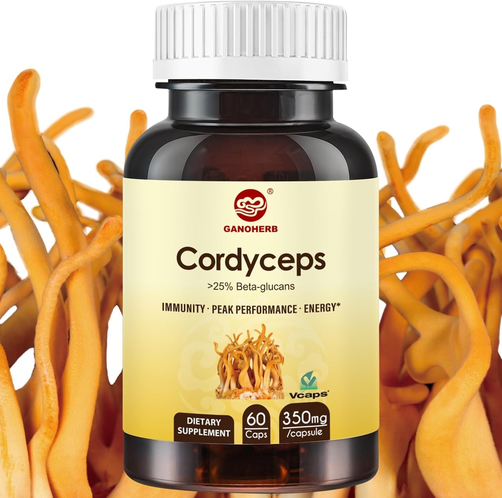 Cordyceps Capsules, Mushroom Extract Supplement Powder with 31% Beta Glucan for Performance, Energy and Immune System Support, 700mg, 60 Count, Organic and Vegan