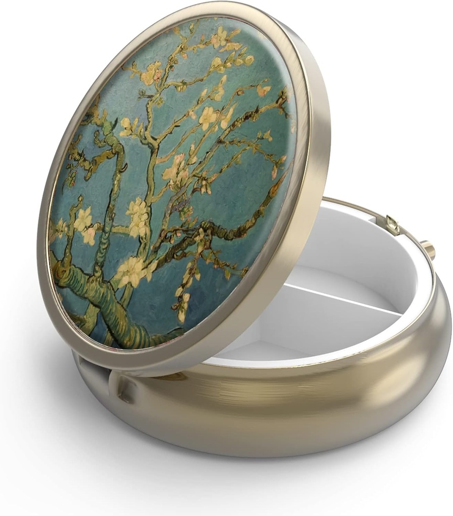 Pill Case Pill Box with Mirror Retro 3 Compartment Small Pill Case for Purse or Pocket Bronze Small Roud Pill Box or Vitamins, Fish Oil, Supplements, Pill Containe Travel Gifts（ Vangogh Art）