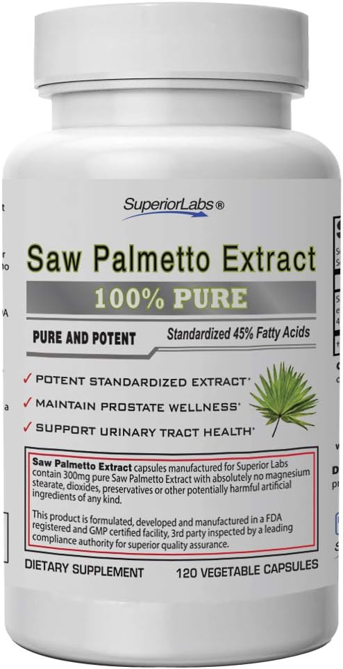 Laboratorios superiores — Saw Palmetto Extracto NonGMO, No sintético— 300 mg Dosificación, 120 cápsulas vegetales — Apoyo a la Frecuencia de Tracto urinario