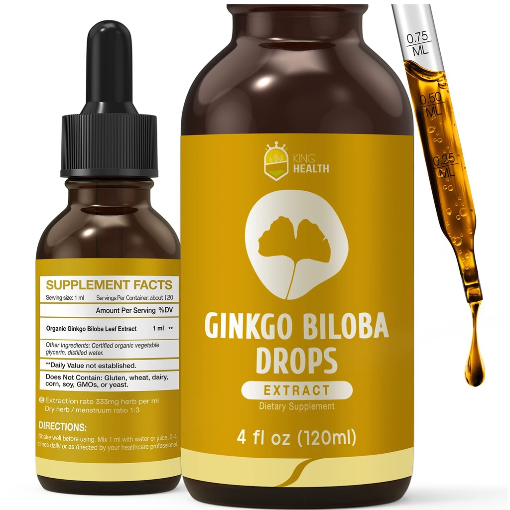 Orgánica Ginkgo Biloba Extracto Suplementos Líquidos, Cerebro &amp; Focus Support, 98% Absorción, Vegan, No GMO, Alcohol &amp; Gluten Gratis - 4 Fl Oz