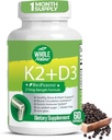 K2 D3 Suplemento de vitaminas con BioPerine - Calcio vegano con vitaminas K y D - Advanced D3K2 VIT 5000 UI - 60 Vegan D3 Plus K2 MK-7 Complejo cápsulas nutricionales para la salud del corazón y el hueso (1