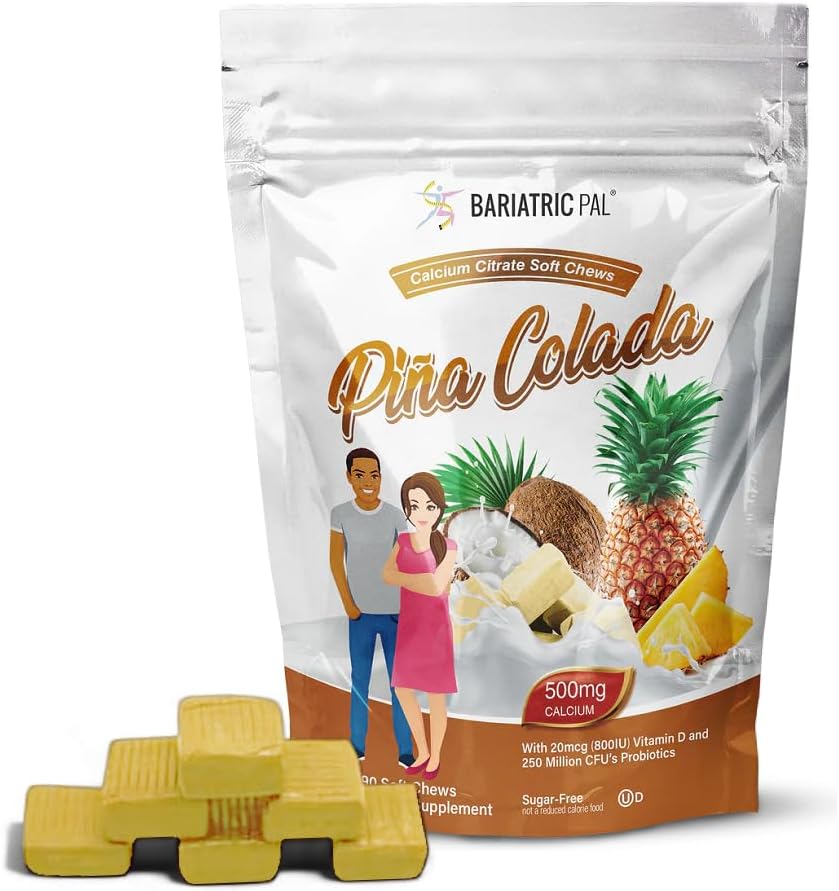 BariatricPal Sugar-Free Calcium Citrate Soft Chews | 500mg with Vitamin D & Probiotics | Piña Colada | 90 Count (1 Month Supply)