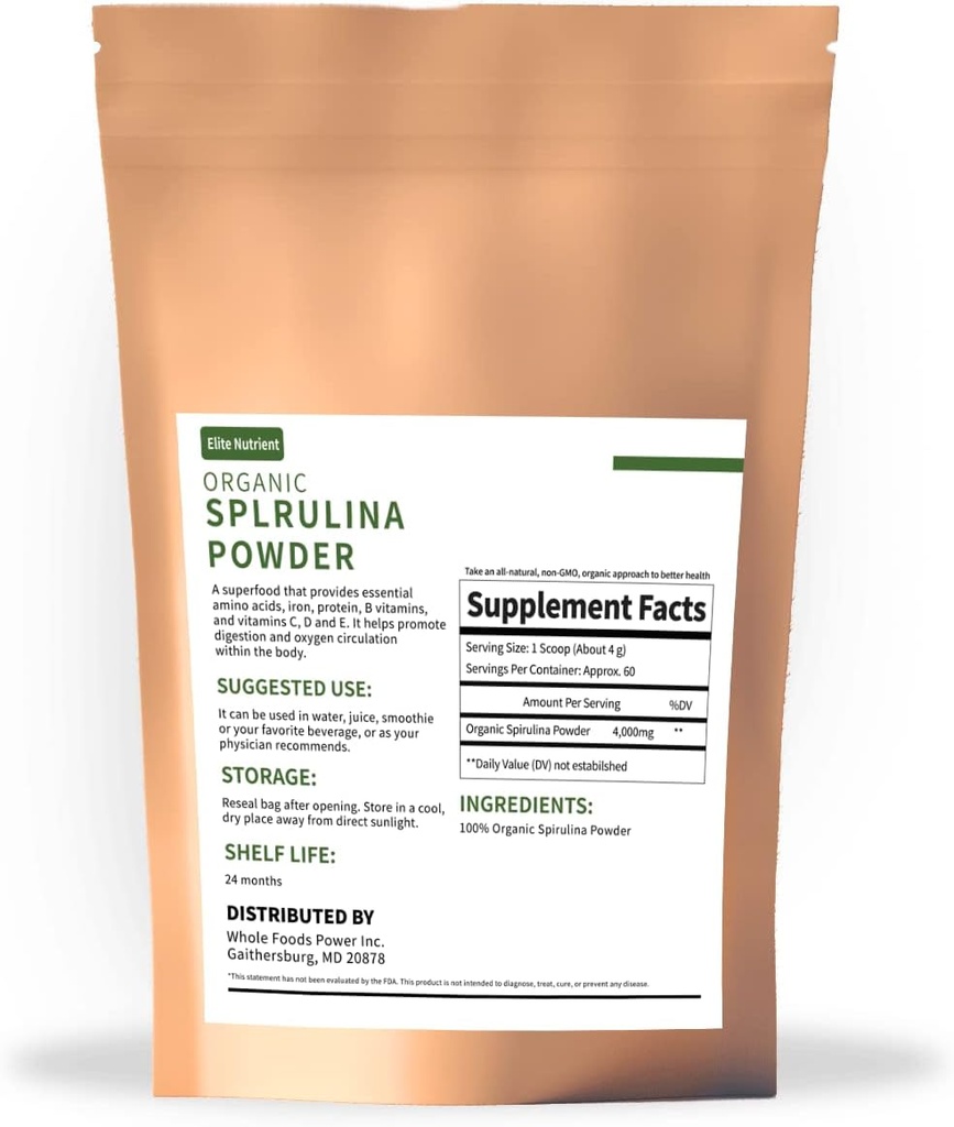 Organic Spirulina Powder, Non-GMO, USDA Certified, A Superfood with High Protein, Boost Energy, Enhance Immunity, Individual Package
