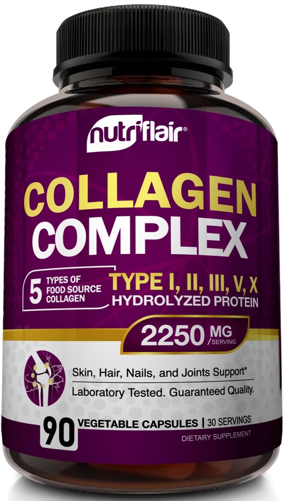 NutriFlair Multi Collagen Peptides 2250mg, 90 Capsules - Type I, II, III, V, X - Collagen Supplements Complex Powder Pills for Women and Men - Hydrolyzed Protein, Healthy Hair, Skin, Nails - Non-GMO