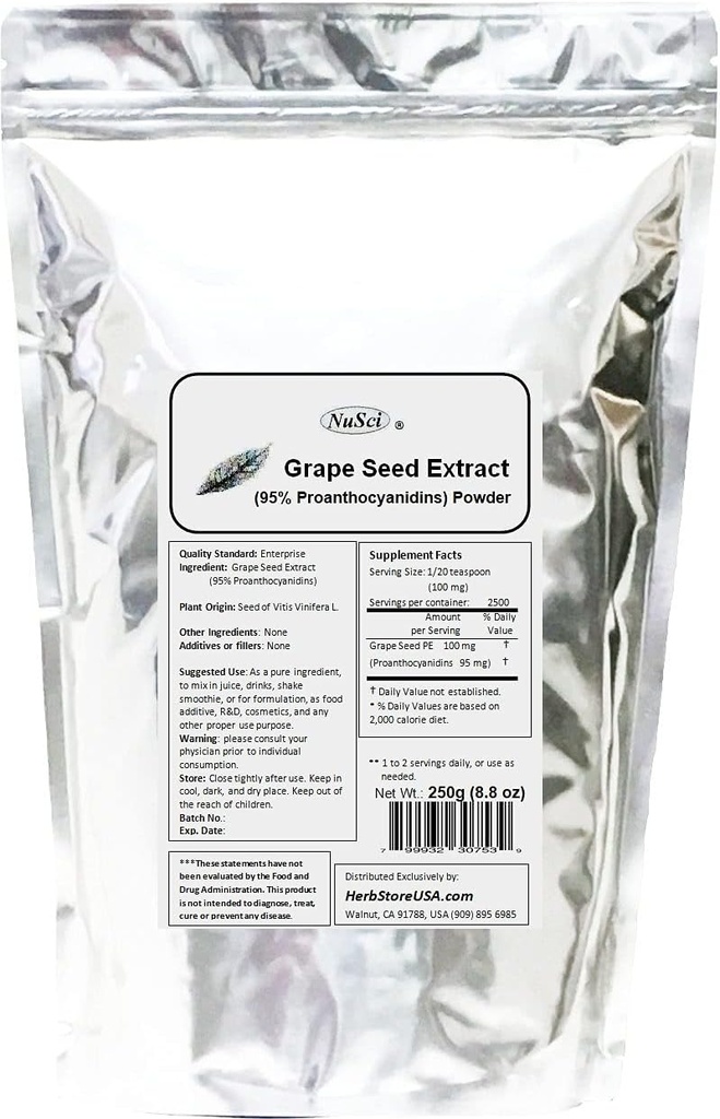 Grape Seed (Europe) Extracto Powder Estándarizado 95% Proanthocyanidins OPC (250 Grams (8.8 oz) Europa Grown GMO Free Non-Irradiated