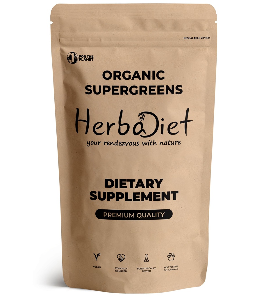 Herbadiet Organic Super Greens Superfood Powder|100 Gram|Wheatgrass,Spirulina,Chlorella&Barley|Vegan,Chlorophyll&Vitamins Rich|Energy Booster&Detox