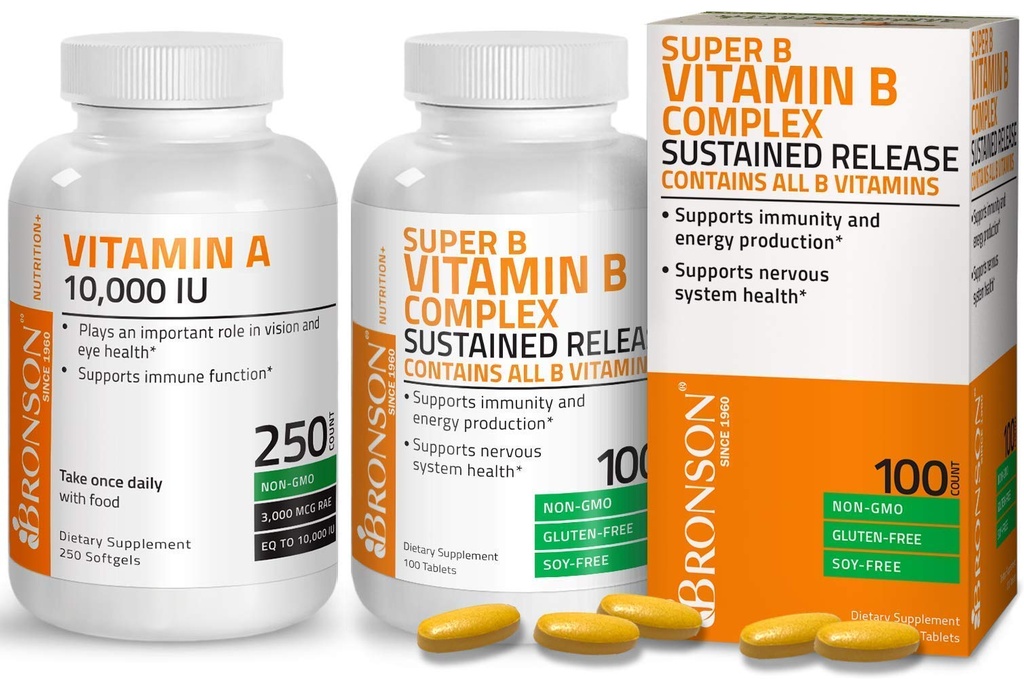 Bronson Super B Complejo de vitamina B Sujeto de liberación lenta + Vitamina A 10,000 IU Premium Non-GMO Formula