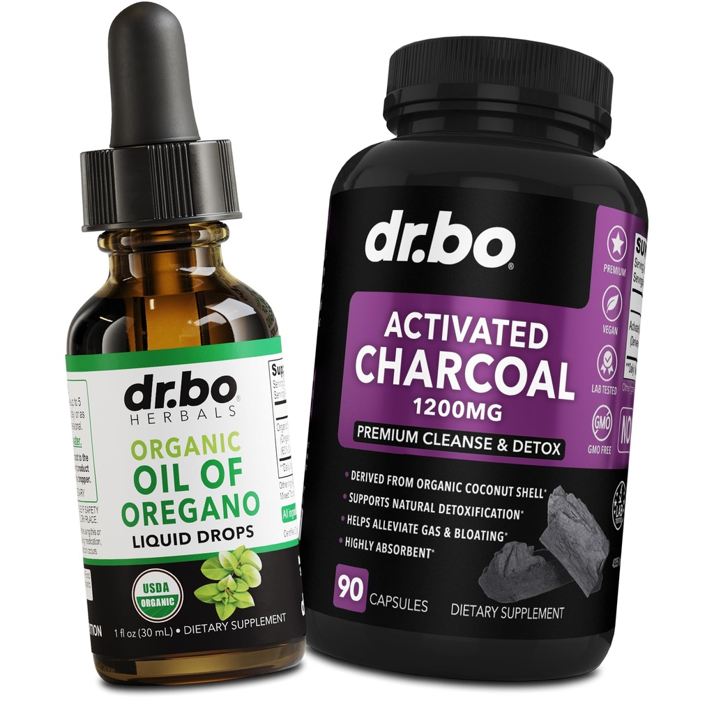 Oregano Oil Organic Liquid Drops & Charcoal Capsules - Oil of Oregano Drops Tincture Extract " Charcoal Pills for Stomach Gas Cleanse Detox Immune Support, Digestive Binder - Organic