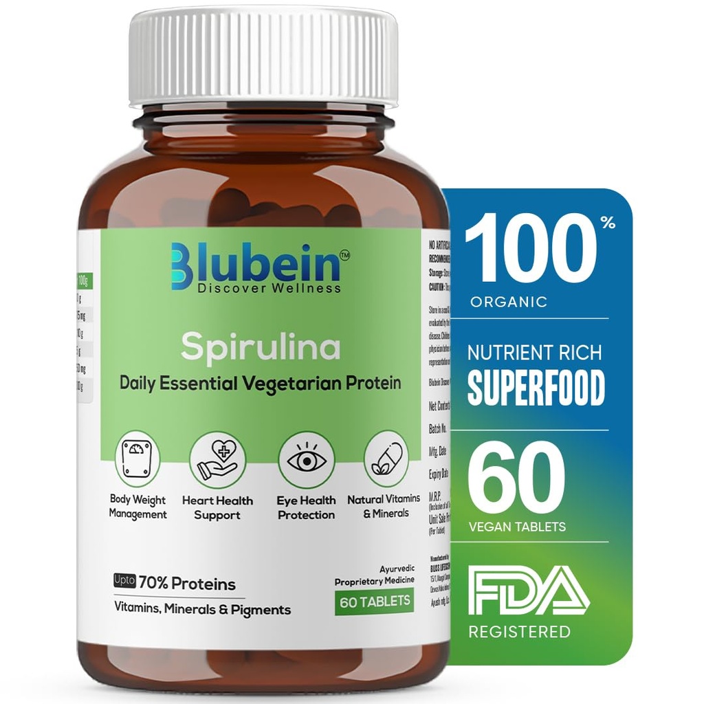 Blubein Spirulina Tablets 2000 mg Per Serving | High-Protein Superfood for Men & Women | Supports Energy, Immunity, Gut Health & Weight Management 100% Organic | Non-GMO & Certified | 60 Tablets