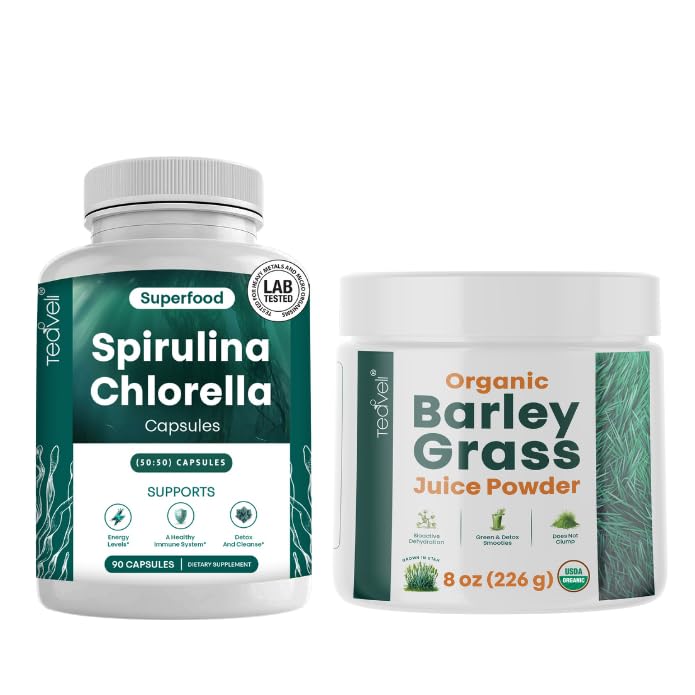Teaveli Spirulina y Chlorella Capsules y Orgaic Barley Grass Juice Powder Bundle