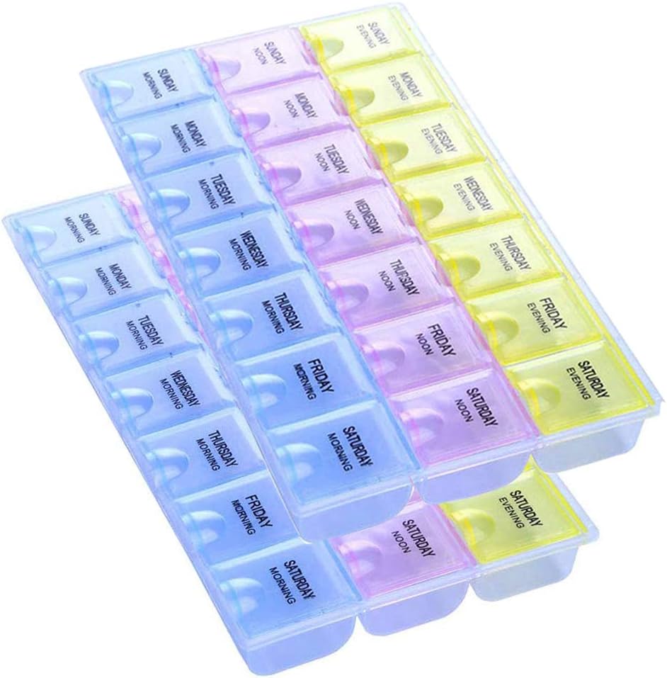 Caja de píldoras semanales de 7 días con organizador de pastillas de recordatorio de medicamentos - Noon de mañana Evening Daily 21