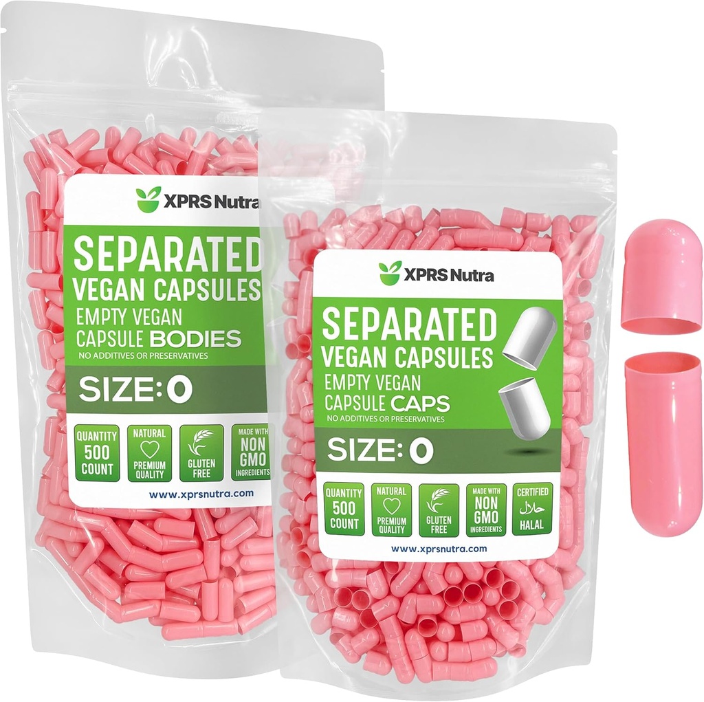 XPRS Nutra Vegan Tamaño 0 cápsulas separadas - 500 cápsulas de vacío Premium Separados en bolsas - Píldoras 0 Vacío para relleno de suplemento de bricolaje (Pink)