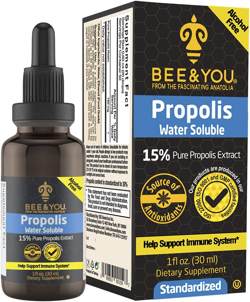 BEE y usted 15% Puro Propolis Water Soluble Extract - High Potency - Zero Sugar - Zero Calorie - Natural Immune Soporte limitadoSore Throat Relief Antioxidants, Keto, Paleo, Gluten-Free, 1 Fl Oz