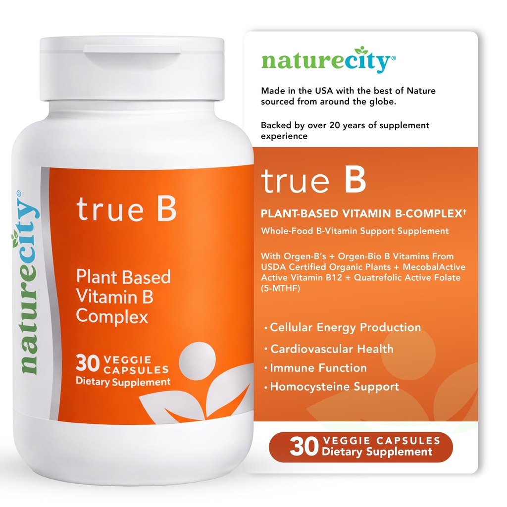 NatureCity True-B Plant-Based Super B Suplemento Complejo de Vitamina ←Fabricación de plantas enteras oraganicas certificadas con folato activo y vitamina B12 - (30 cápsulas vegetales)