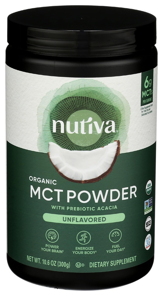 Nutiva Organic MCT Polvo con fibra de acacia prebiótica, clásico, 10.6 Oz, USDA Organic, Non-GMO, Non-BPA, Vegan, Gluten-Free, Keto & Paleo, Beverage instantáneo o Boost to Coffee &amp; Smoothies