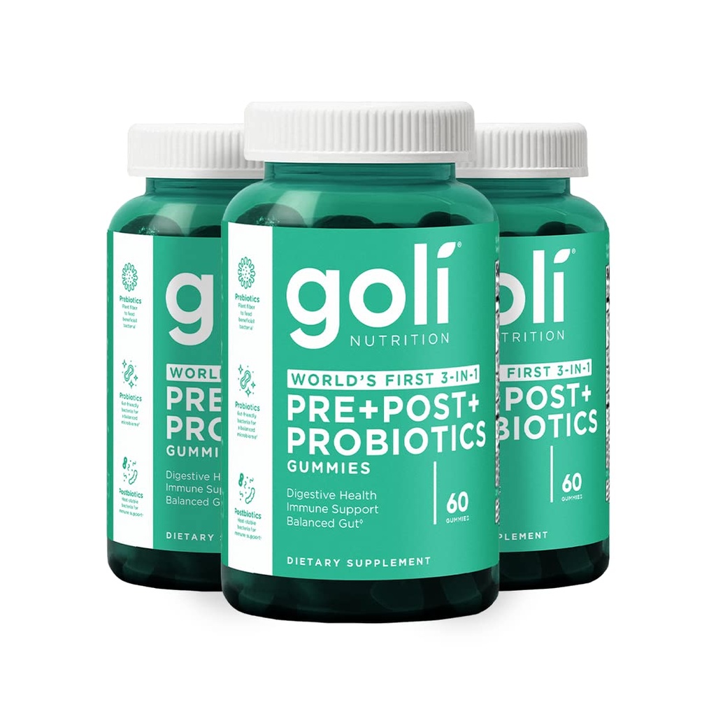 Suplemento Nutricional Goli, Pre+Post+Probióticos Gummy - 180 Cuenta - Primer 3-en-1 Gluten-Free, Vegan, Non-GMO, y Gelatin-Free.