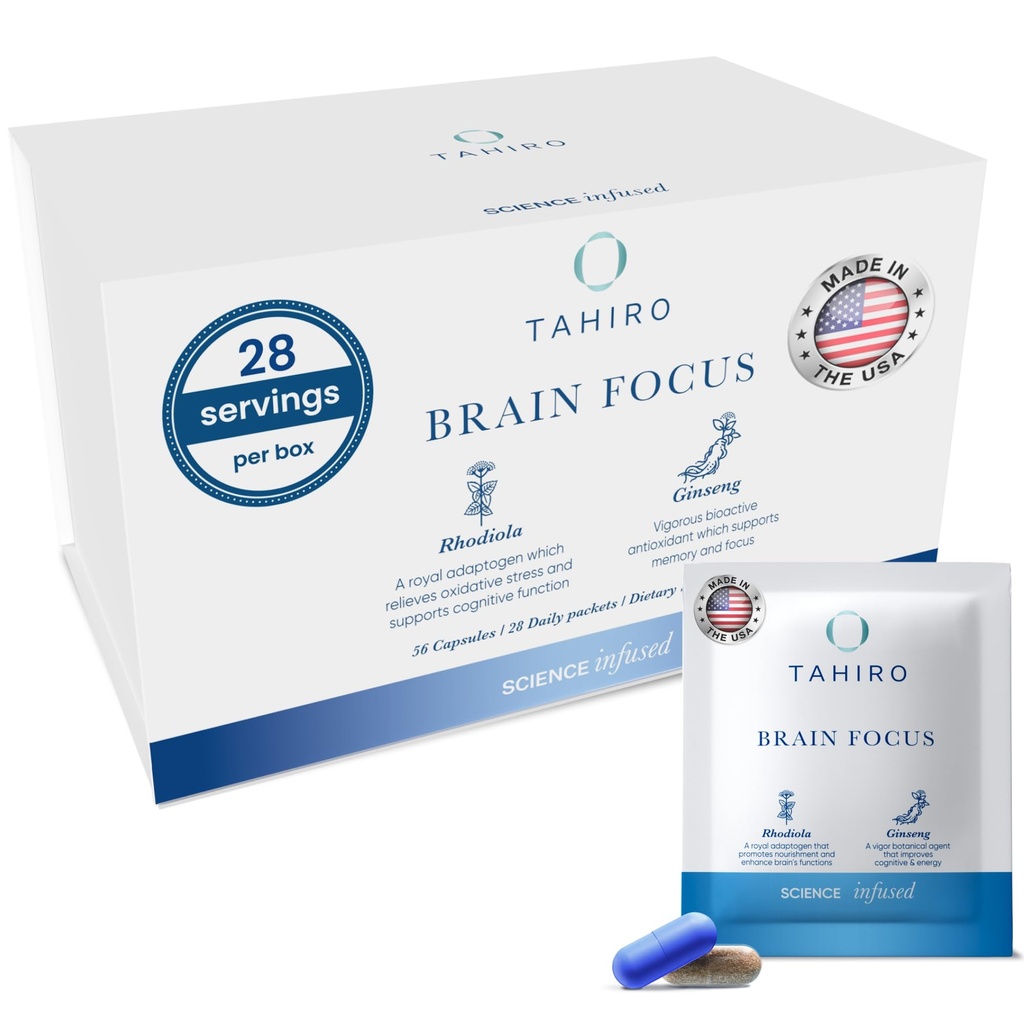 TAHIRO Suplemento de enfoque cerebral – Suplementos cerebrales para memoria y enfoque – Suplemento de apoyo cerebral natural con Gingko Biloba, Panax Ginseng, Extractos herbarios – Booster cerebral no vegetariano de GMO – 28-Paquetes