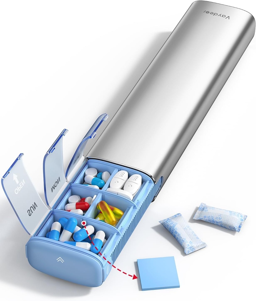 Vaydeer 7 días organizador semanal de píldoras (Apoyo 2 veces al día), caja de la pila de metal, gran capacidad Caja de la píldora diaria para suplementos, píldoras, vitaminas y medicamentos (Sliver)