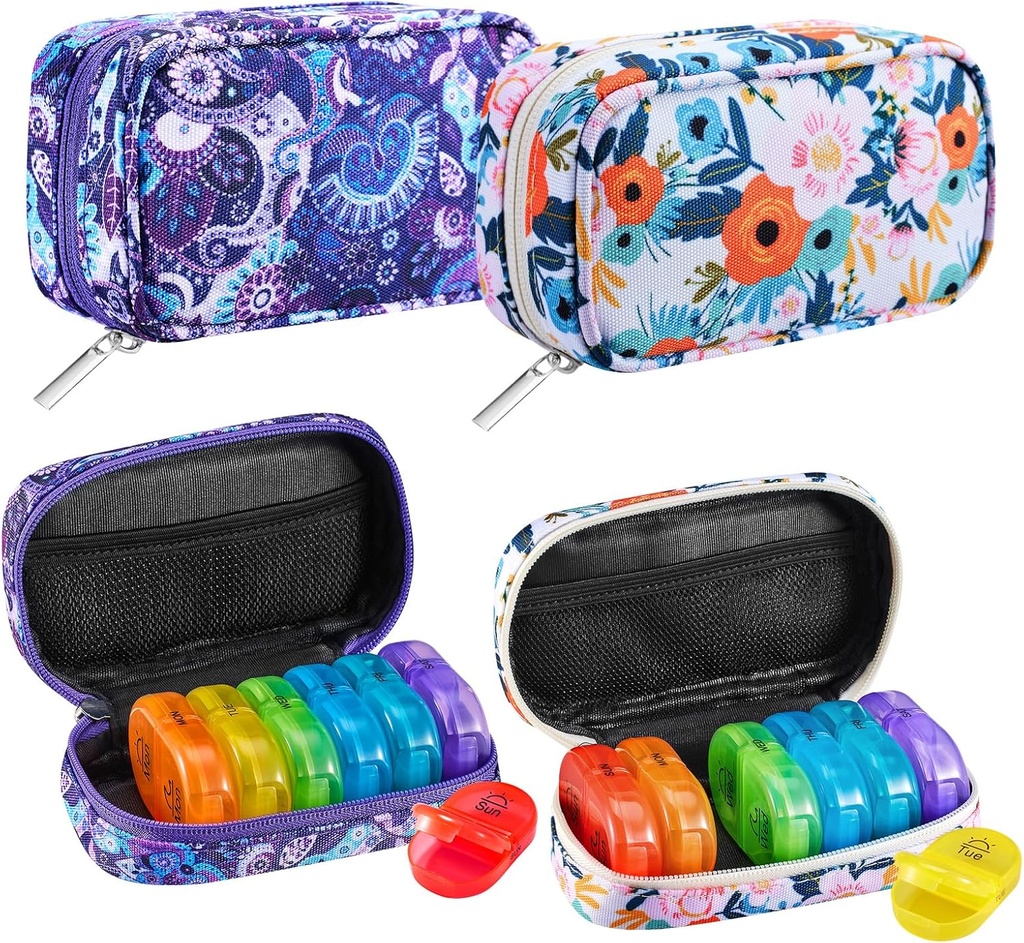 Serfeymi Organizador semanal de píldoras de viaje 2 veces al día AM Lápiz arco iris caja 7 día con carretilla de cobre, organizador de medicina para píldoras, vitaminas, aceites de pescado - púrpura 01+ Bloom 01