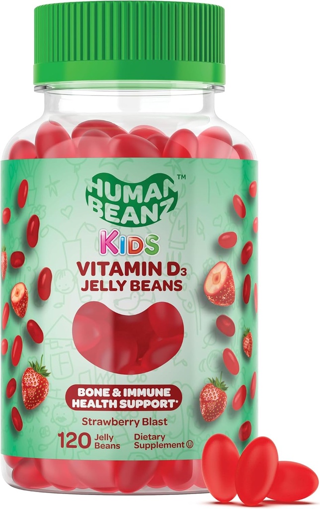 Vitamina D3 Jelly Bean Gummies para niños, 25 mg/1000 UI Vitamina D, Suplementos Vegetarianos Nutricionales, 120 frijoles de fresa, Kosher