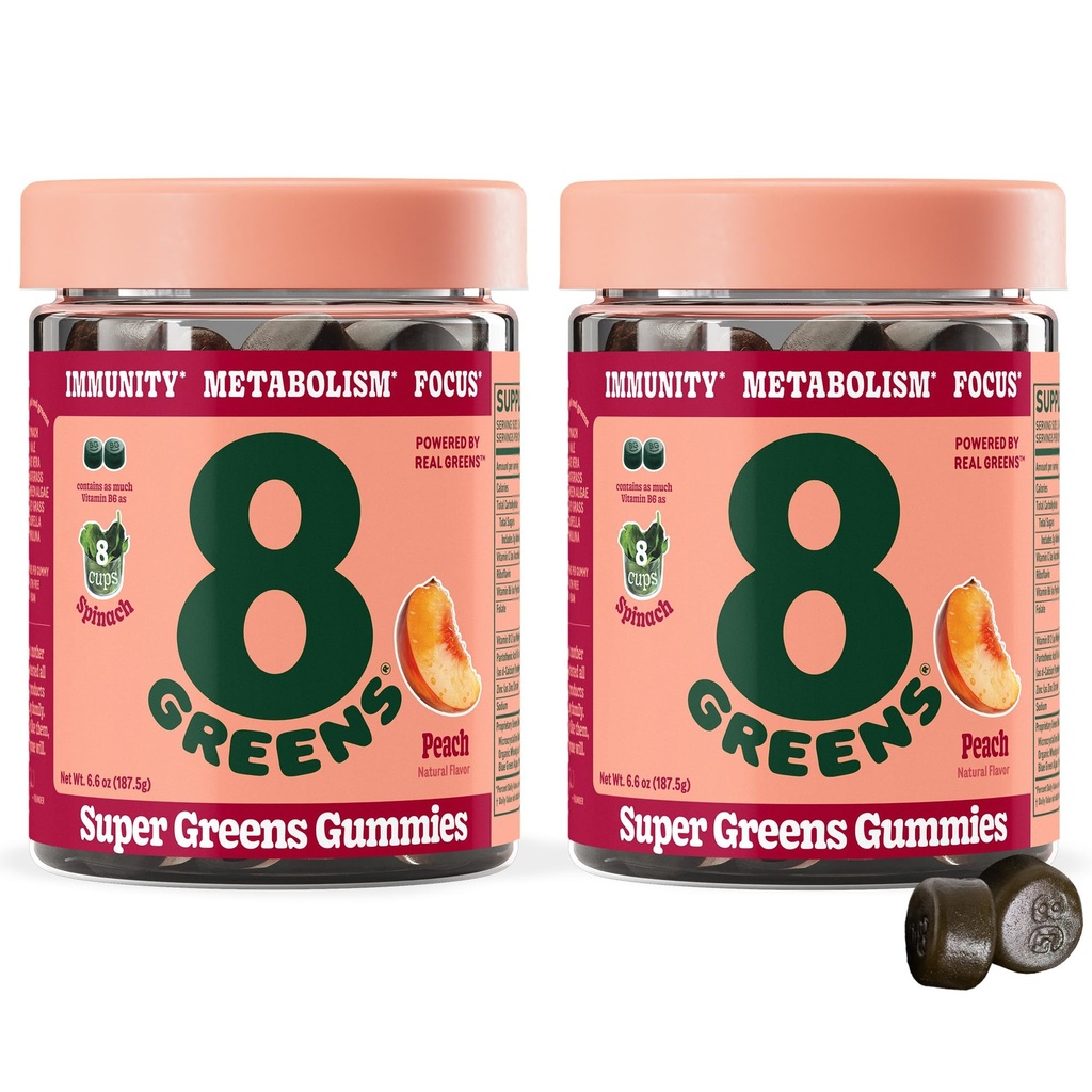 8Greens Gummies Super Greens Powder Superfood Gummy for Metabolism, Immunity & Focus, Digestive Health Enzymes, Organic: Chlorella, Spirulina, Aloe Vera, Peach Flavor, 100 Conde