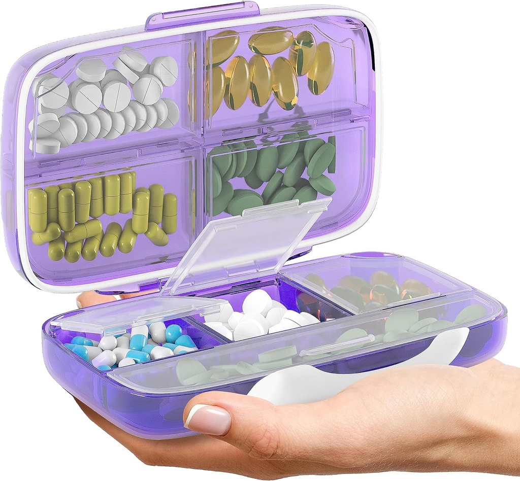 Organizador de píldoras de viaje - Airtight Medicine Case for Traveling Portable Pharmacy Box with Labels Vitamin Container 8 Compartment Supplement Medication Holder Large Capacity Daily (Purple)