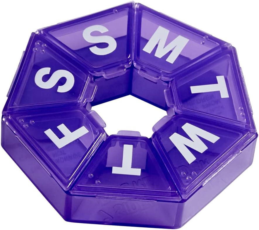 EZY DOSE Organizador semanal, Caja de Medicina y Planificador de Vitaminas, Planificador de Píldoras de Viaje, Almacenamiento Portable, 7-Sided, Púrpura, BPA Gratis