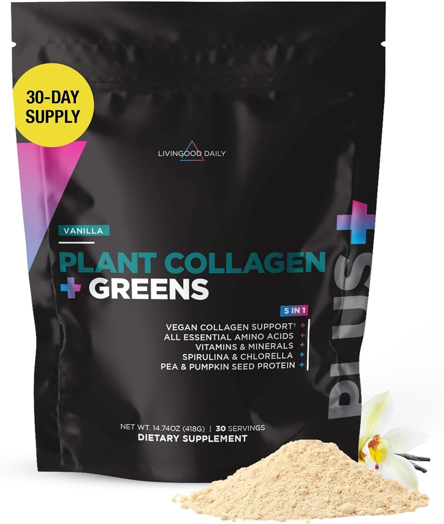 Livingood Daily Plant Collagen + Greens Powder, Vanilla Flavor, 5-in-1 Collagen Soporte con Pea Protein, Amino Acids, Spirulina, Clorella & Vitamina C, Peluquería Piel Nails Support, Vegan, 30 Servings