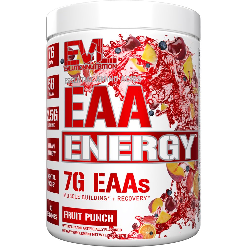 Evlution Nutrition EAA Energy - Pre " Post Workout Powder - Muscle Building " Recovery Supplement - 7g Essential Amino Acids + 5g BCAAs - Clean Energy - with Caffeine - 30 Servings - Fruit Punch