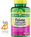 Folate 1,333 mcg. Spring Valley Folate Dietary Supplement, 1,333 mcg DFE, 400 Conde, Folate Supplement for Women Pregnancy, Folic Acid 800 Bundle with Luall's 45 Diabetes Decoded