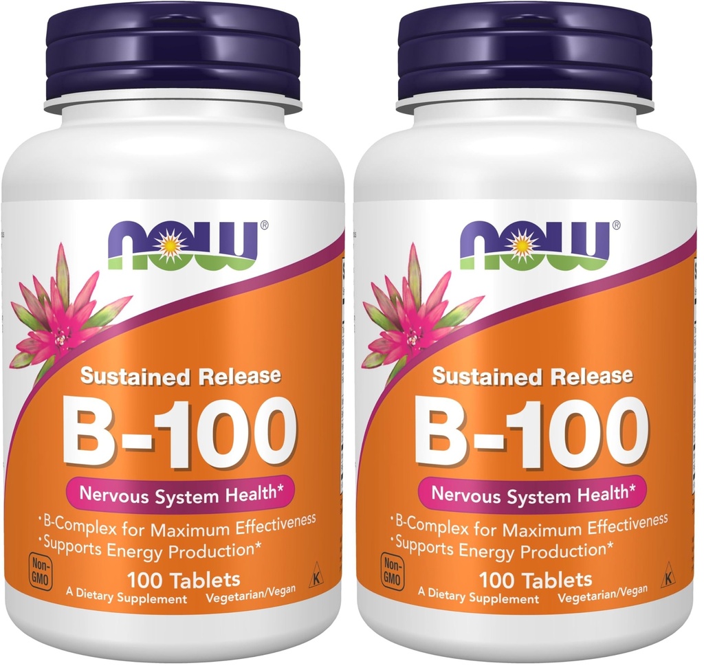 NOW Supplements, Vitamin B-100, Sustained Release, Energy Production*, Nervous System Health*, 100 Tablets (Pack of 2)