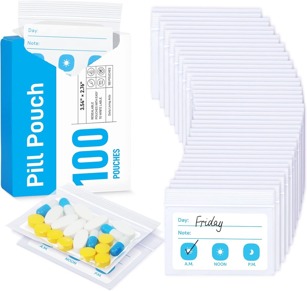 ZIKEE Pill Bags for Travel, Reusable Pill Pouches BPA Gratis 2,75" x 3,54", Daily Medicine Bags with XL Capacity for 24 Fish Oils, Vitamin Organizer with Customizable Write-on Area (100 Cuenta)