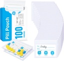 ZIKEE Pill Bags for Travel, Reusable Pill Pouches BPA Gratis 2,75" x 3,54", Daily Medicine Bags with XL Capacity for 24 Fish Oils, Vitamin Organizer with Customizable Write-on Area (100 Cuenta)