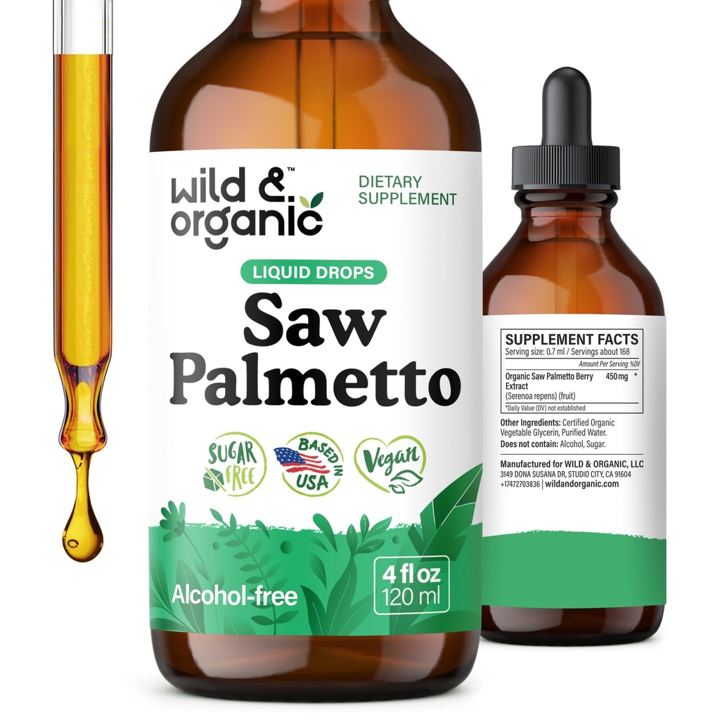 Wild & Organic Saw Palmetto Tincture - Saw Palmetto Extract Supplement for Men &amp; Women - Liquid Powder Based Drops - Serenoa Repens Berries - Vegan, Sugar &amp; Alcohol-Free - 4 fl oz