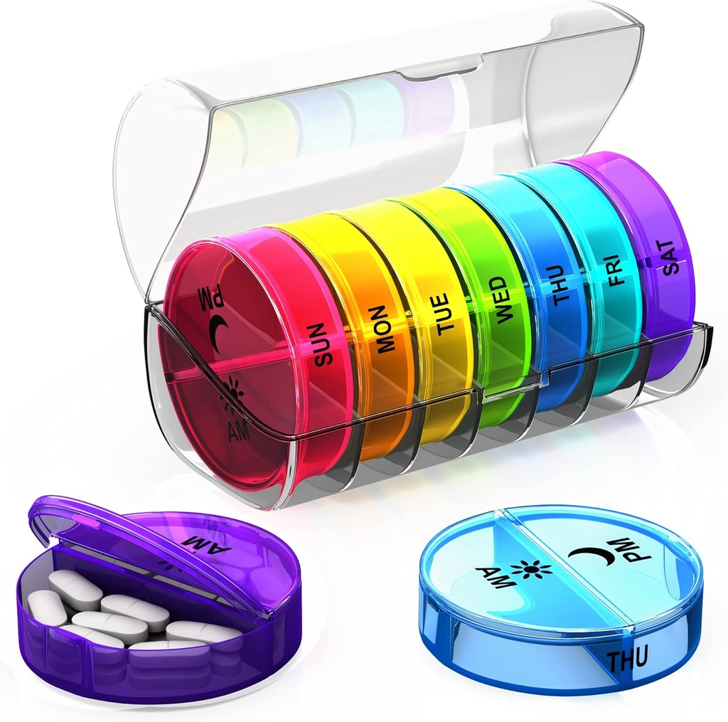 Organizador semanal de píldoras 2 veces al día - Gran capacidad – Caja de píldoras de viaje 7 días con cierre de tapas Airtight – Caja de píldoras portátiles para el placer – Ideal para vitaminas, suplementos y píldoras de aceite de pescado (Rainbow)