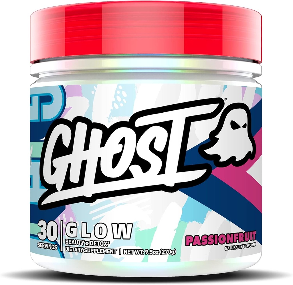 GHOST Glow: Belleza y Detox Support Fórmula - 30 Servimientos, Pasionfruit - Boosting Biotina y L-Teanina para Antioxidantes para Hidratación, Radiancia, Complejo &amp; Nourishment - Vegan, Gluten-Free