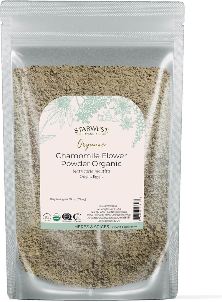 Starwest Botanicals Organic Chamomile Flower Powder - Dried Loose Leaf Herb for Tea, Herbal Lotions, " Baking, Fuente de Egipto, Certified Kosher, Non-GMO - 4 oz Pouch