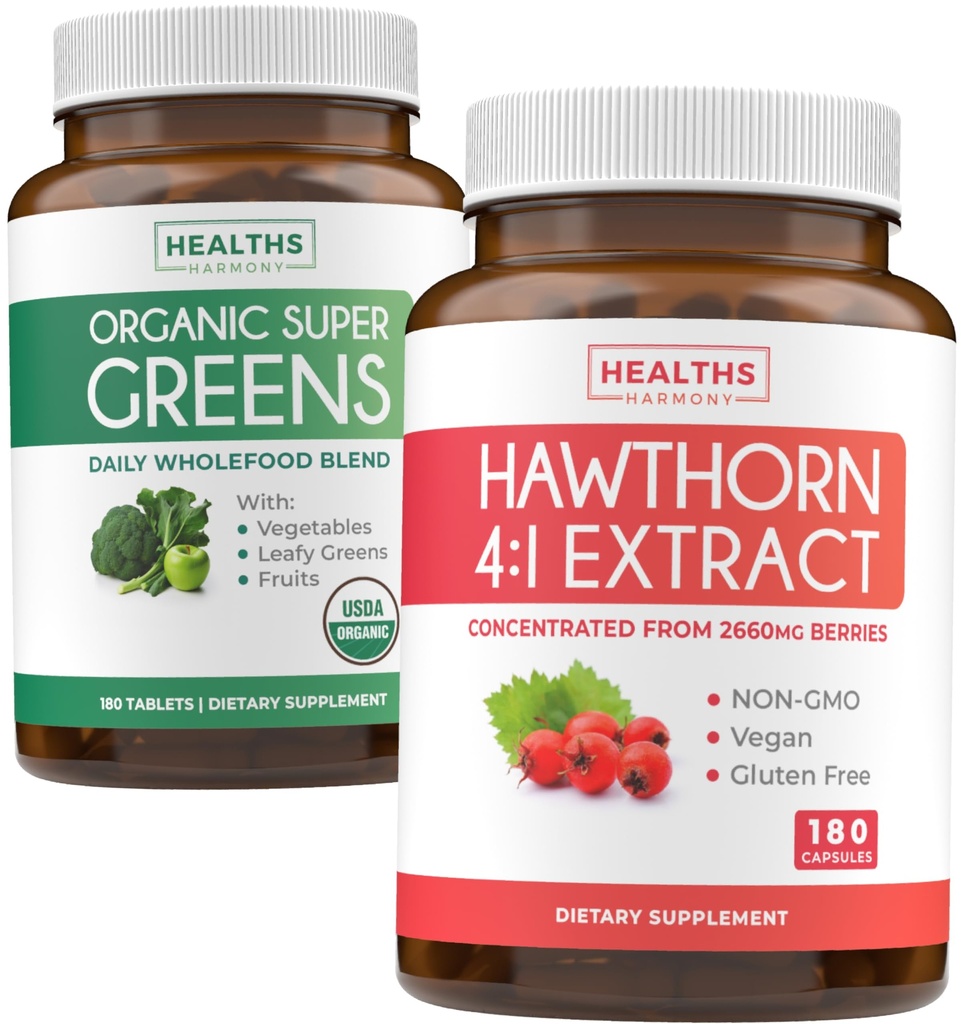 Super Greens " Hawthorn Extract (3-Month Supply) Super Berry Blend Bundle of Organic Super Greends Powder - Completo Superfood " Hawthorn Berry 4:1 Extract - High Strength Extract (180 cápsulas)