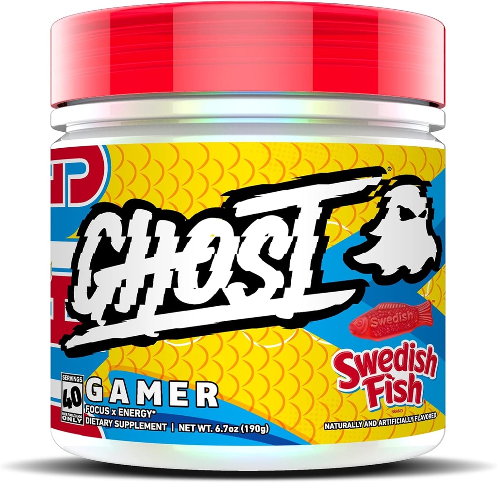 GHOST Gamer: Energy and Focus Support Fórmula - 40 Servings, Swedish Fish - Nootropics & Natural Caffeine for Atención, Precisión & Tiempo de reacción - Vegan, Gluten-Free
