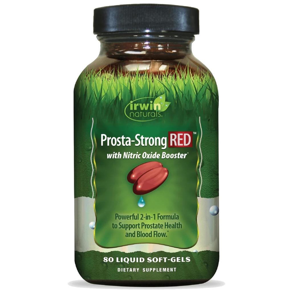 Irwin Naturals Prosta-Strong RED con Nitric Oxide Boosters, Saw Palmetto, Lycopene, Pumpkin Seed &amp; More - Suplementos de salud de próstata para Hombre - 80 Liquid Soft-Gels