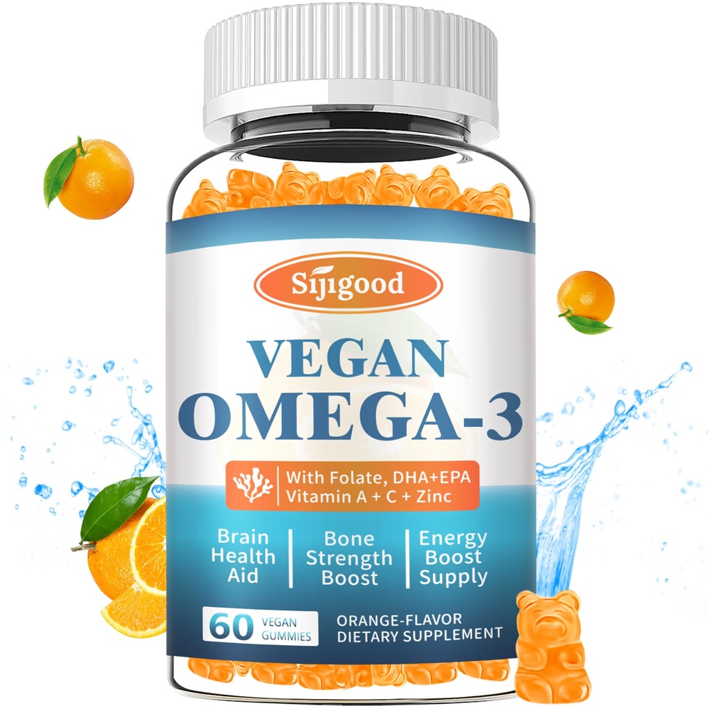 Omega-3 Gummies Potent Algae Omega Fuente, Boost Brain, Eye &amp; Immune Función, con DHA y EPA Vegan & Sugar Gratis, Orange Flavor, 60 Conde