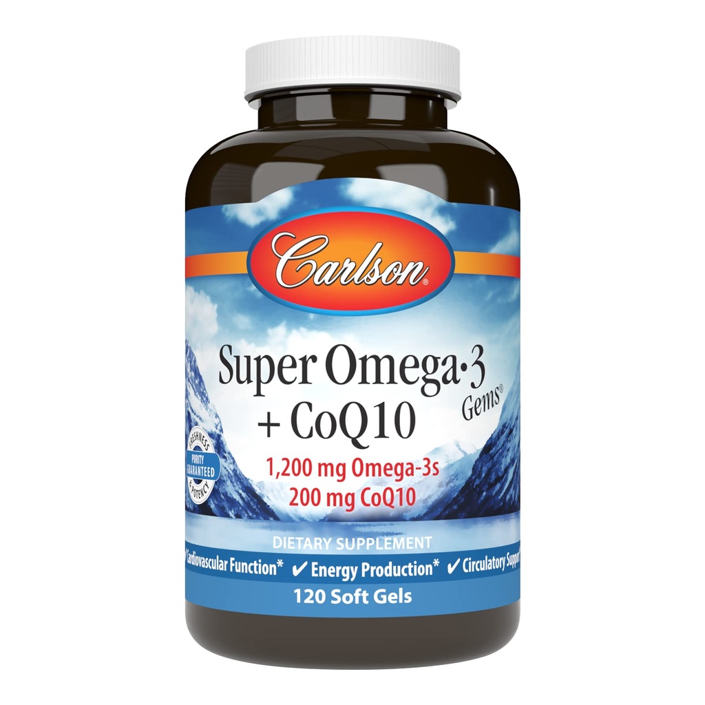 Carlson - Super Omega-3 Gems + CoQ10, 1200 mg Omega-3s 200 mg CoQ10, Circulation Function, Energy Production & Circulatory Support, 120 Softgels