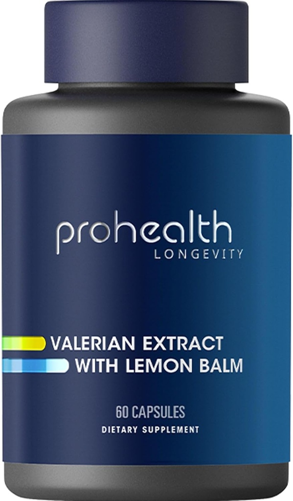 ProHealth Valerian Extract + Lemon Balm (60 Capsules) 160 mg Valerian + 80 mg Lemon Balm Silencio Relajación " Sleep Support TEN No Morning Grogginess TEN Vegan TEN Gluten Free SON Free
