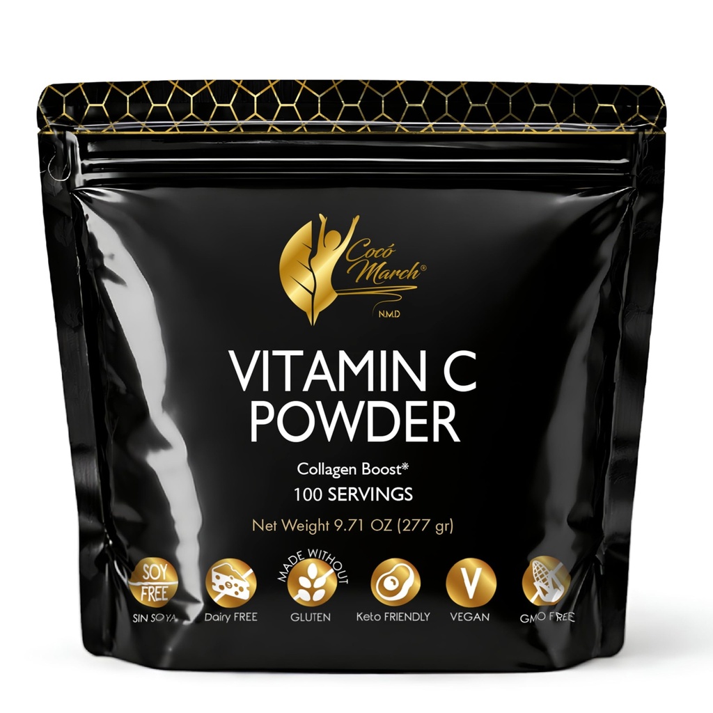 Cocó Marcha N.M.D 1000 mg Vitamina C Powder- para la producción de colagen &amp; Immune Support, Zinc, Bromelain, Quercetin, L-Lysine - Gratis de: Gluten Dairy, Soy, GMOs, Vegan y Keto Friendly 10 Oz