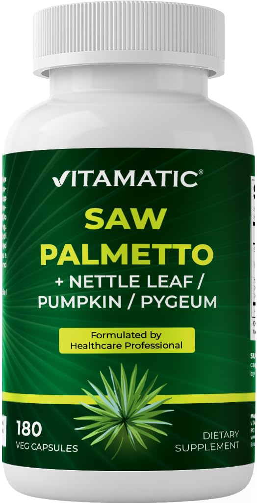 Vitamatic Saw Palmetto Extract for Men &amp; Women 180 Veg Capsules - Hecho con Pumpkin Seed, Pygeum, Nettle Leaf - Hecho en EE.UU. - Promociona la función saludable de la próstata