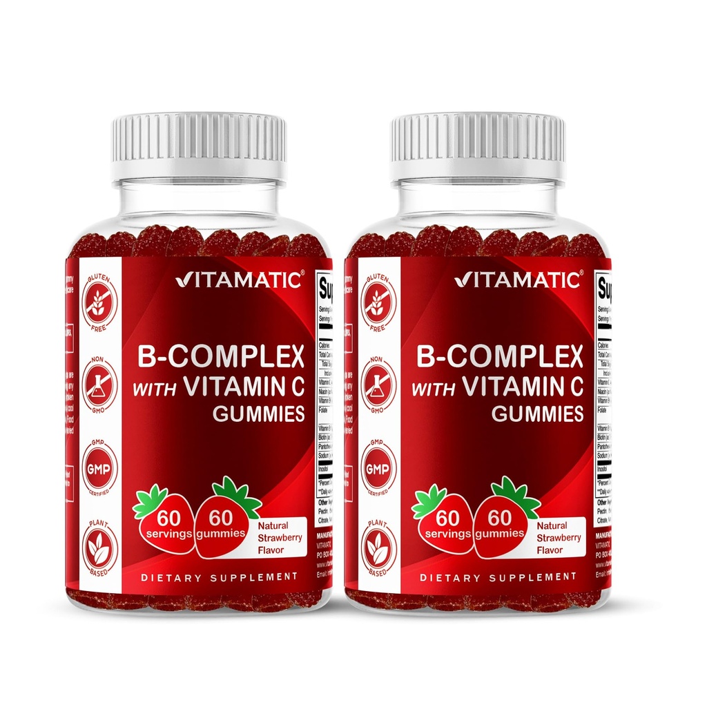 Complejo de vitamina B con vitamina C &amp; Inositol - sabor de fresa natural - 60 gomas (2 botellas)