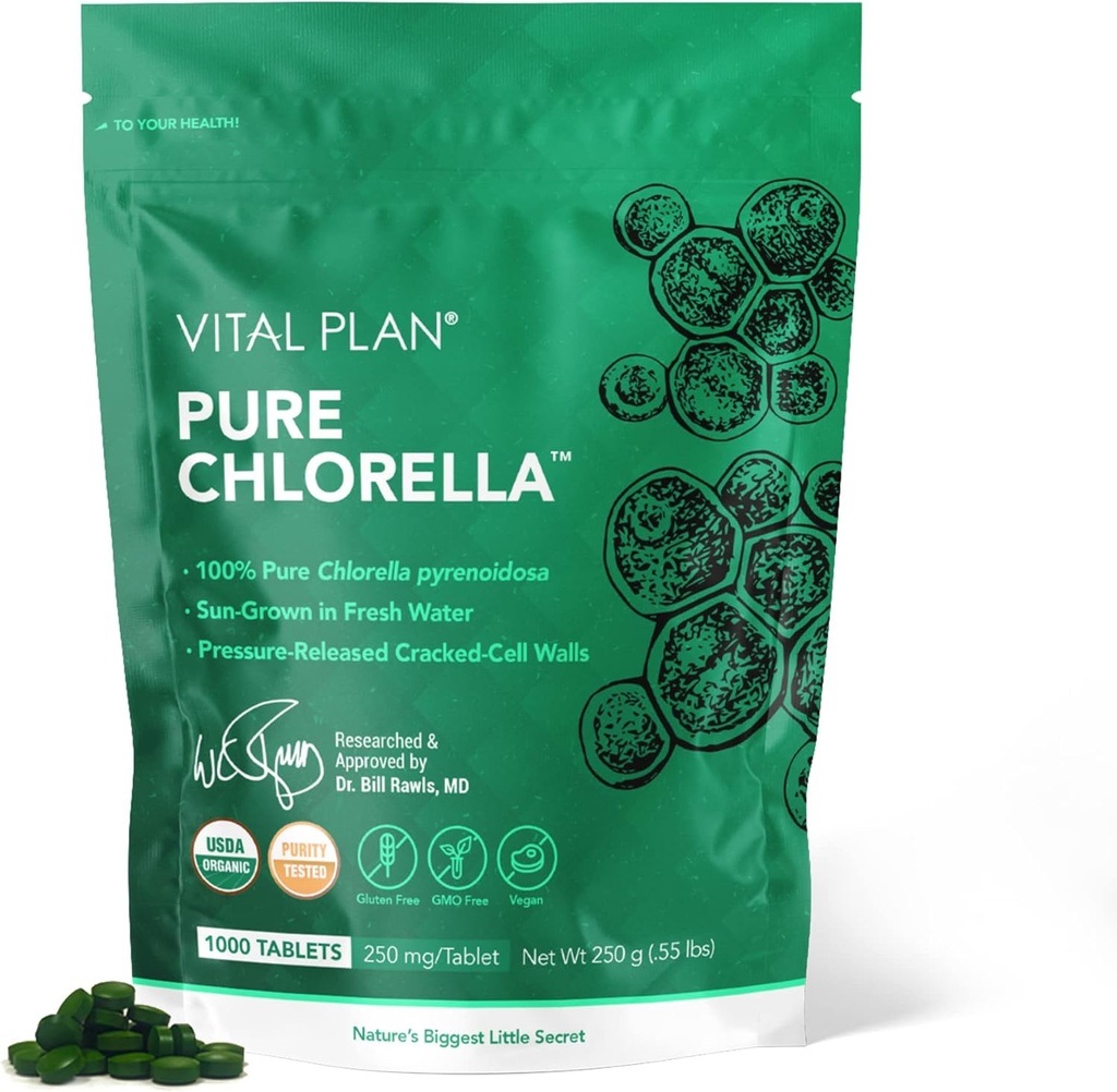Plan Vital Tablas de Clorella Pura - Sun Grown Chlorella Pyrenoidosa Suplemento del Dr. Bill Rawls w/Broken Cell Wall - Clorella orgánica w/Chlorophyll, Cracked Cell Wall &amp; No Fillers (1000 Tabs)